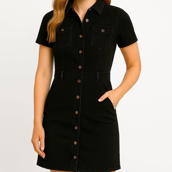 Hot Kiss Black Denim Button-Up Short Sleeve Mini Dress Vintage Y2K Size Med - Picture 1 of 5